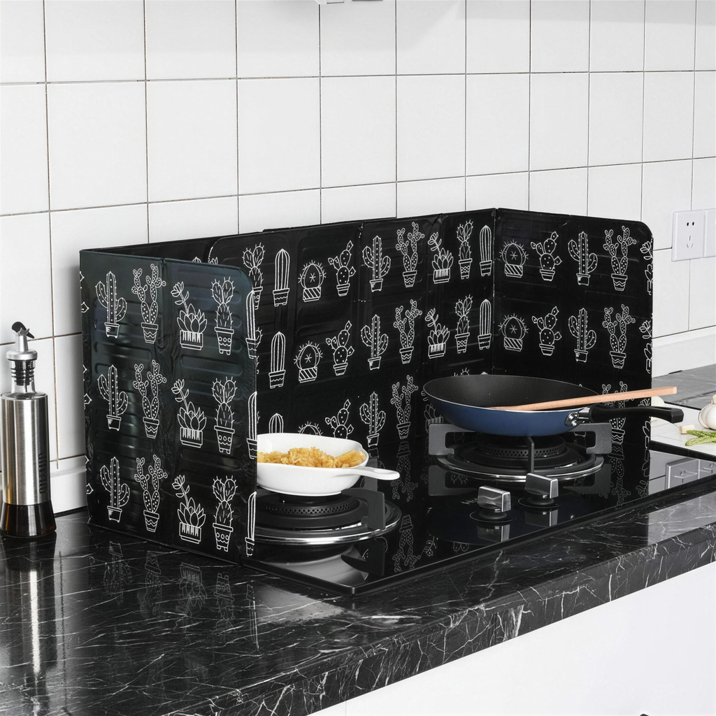 Foldable Splatter Shield standing on a stovetop